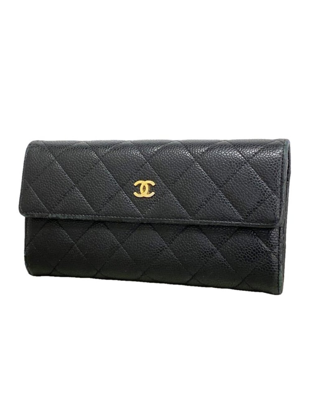 Chanel Wallet Quilted Caviar Leather Black Gold